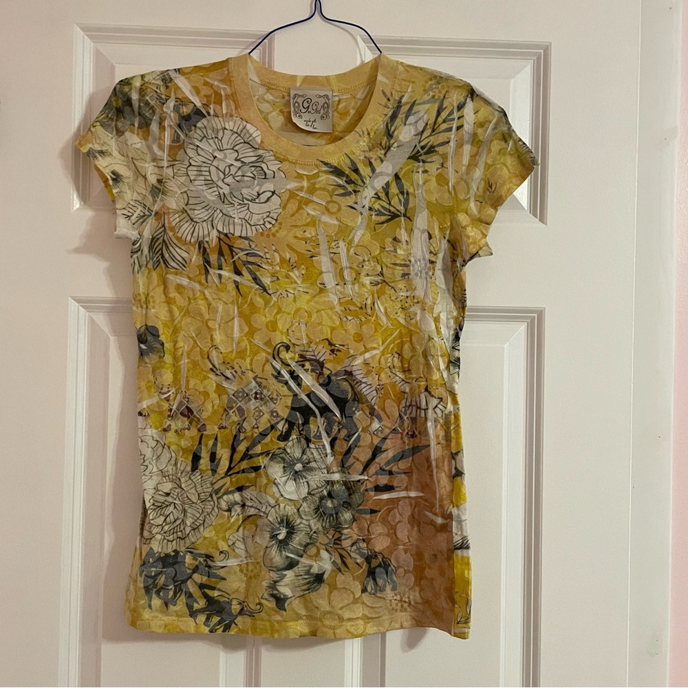 Yellow exotic floral tissue tee with burnout pattern